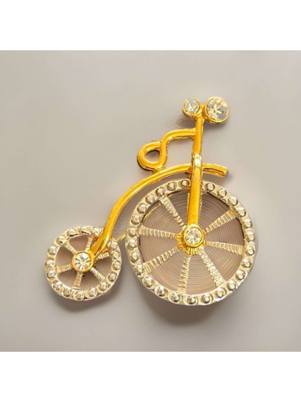 Vintage High Wheel Bicycle Brooch Rhinestone Faux Diamond Bling Pin Gold Tone